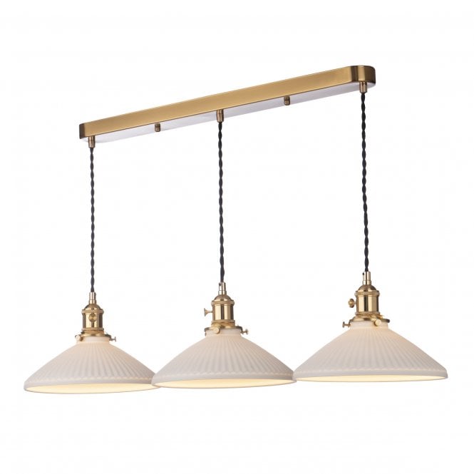 Hadano 3 Light Bar Pendant Natural Brass And Ceramic Shallow Shade